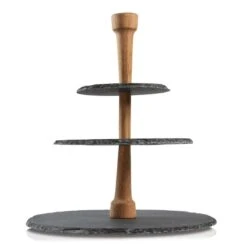 Alzata Rotonda A 3 Piani Ardesia E Legno Ø30cm H33,5cm Boska