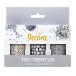 Decorazioni In Zucchero Perle/bastoncini Argento - Set 3 Confezioni Decora
