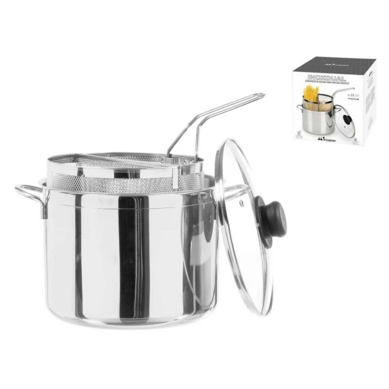 Pentola Cuocipasta 24cm Inox - Pastaiola Con Doppio Cestello Scolapasta 1 Pentola Cuocipasta 24cm Inox - Pastaiola Con Doppio Cestello Scolapasta